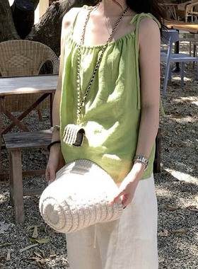 uu绿色脑袋~显白满昏抽褶系带自由穿100亚麻吊带上衣