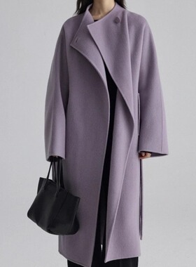 温柔晨雾紫 松弛感一粒扣立领100绵羊毛双面呢大衣外套女秋冬季