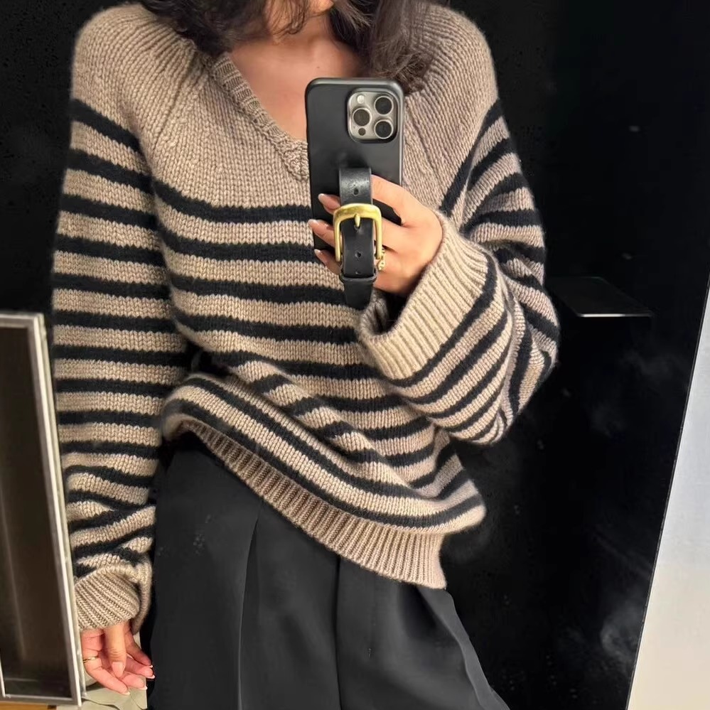 100%羊毛v领条纹毛衣针织衫上衣