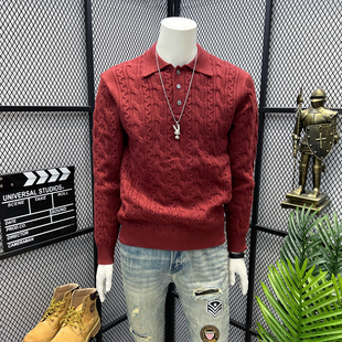 秋冬新款麻花简约纯色针织衫男士休闲宽松舒适P0LO领保暖打底毛衣