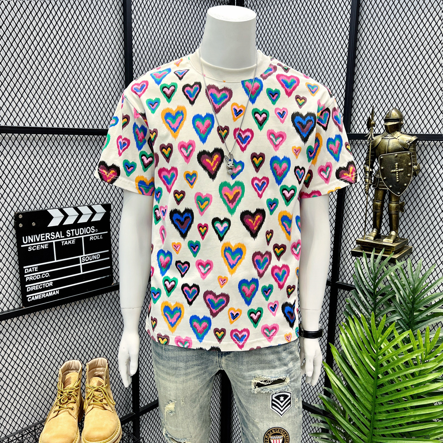 夏季潮牌短袖t恤男2026新款休闲宽松T恤男士重磅爱心印花体恤上衣