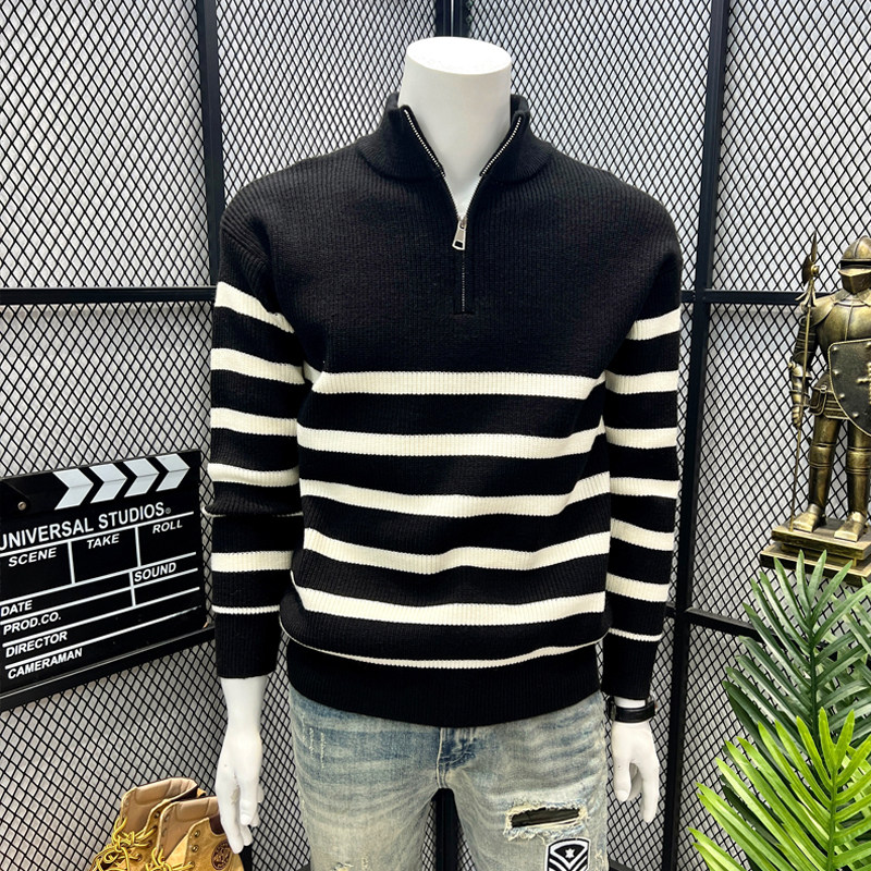 半拉链高级感慵懒风落肩条纹撞色毛衣男秋冬休闲大码半高领针织衫
