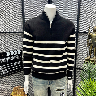 半拉链高级感慵懒风落肩条纹撞色毛衣男秋冬休闲大码半高领针织衫