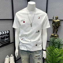 高端个性刺绣短袖t恤男潮牌潮流衣服2025夏季新款男士圆领半截袖