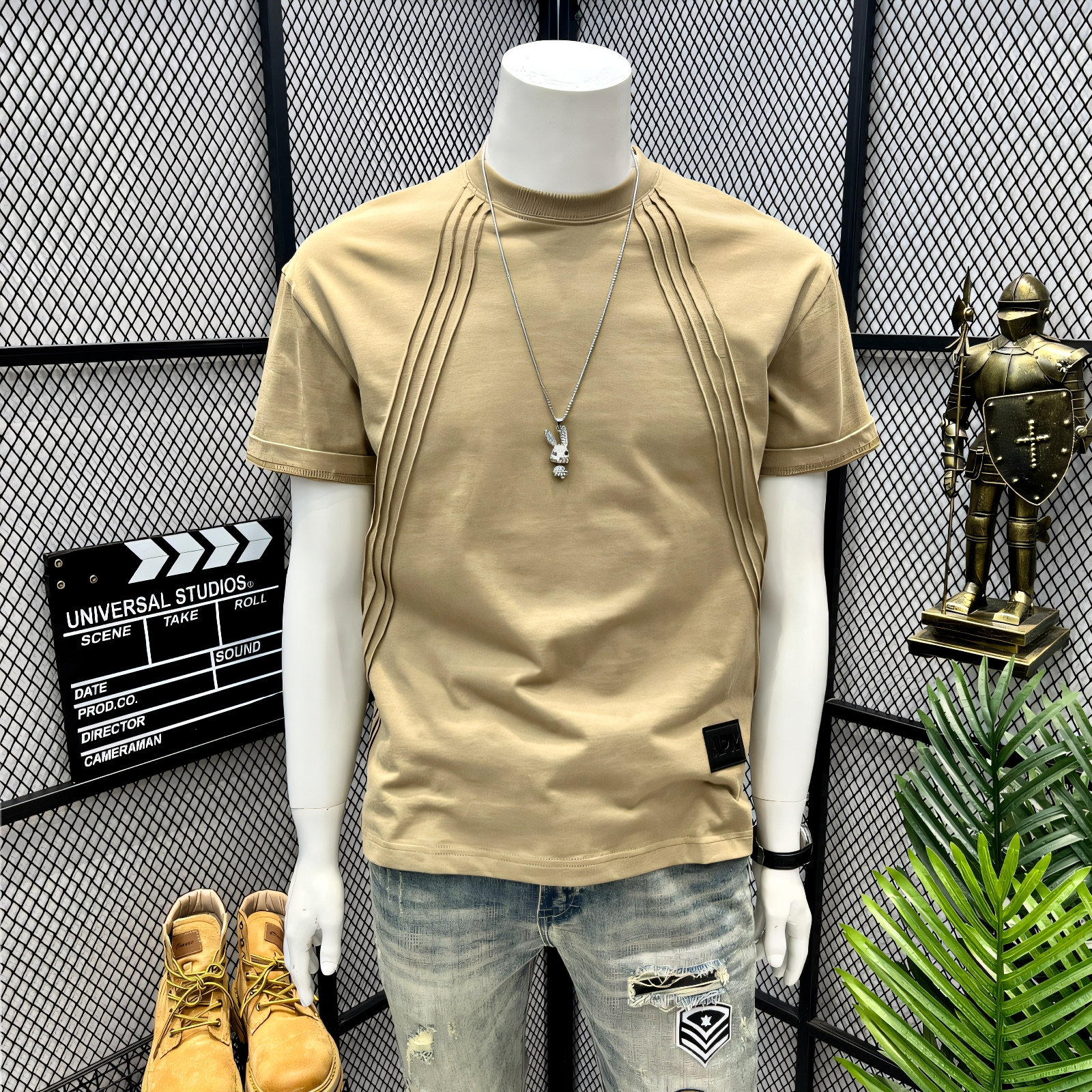 2026夏季新品男士时尚休闲立裁简约纯色圆领短袖T恤潮牌美式复古