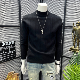 纯色长袖半高领打底中领坑条针织衫毛衣男士秋冬季修身上衣基础款