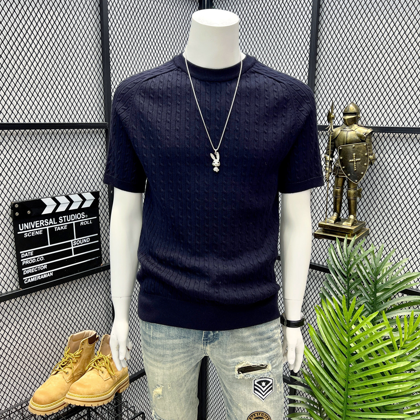 高品质时尚潮流针织麻花短袖男士夏季新款藏青色半袖T恤短款小衫