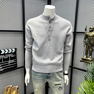 亨利领灰色毛衣复古高街纯色秋季针织衫男款简约设计感慵懒休闲风