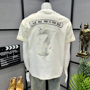 设计高级感个性泼墨刺绣潮牌短袖T恤男款2025夏季宽松美式ins上衣