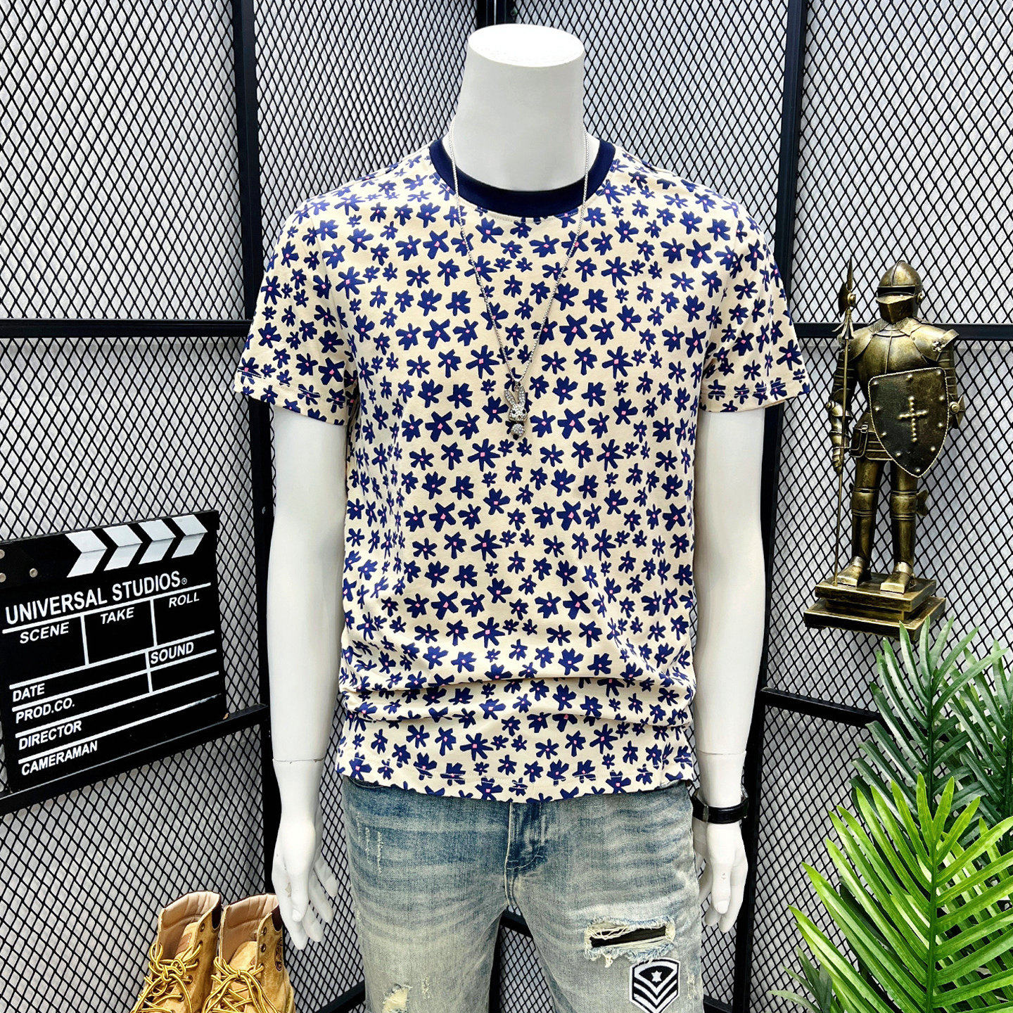 美式高级感夏季新款男士花卉图案短袖T恤休闲风设计百搭圆领上衣