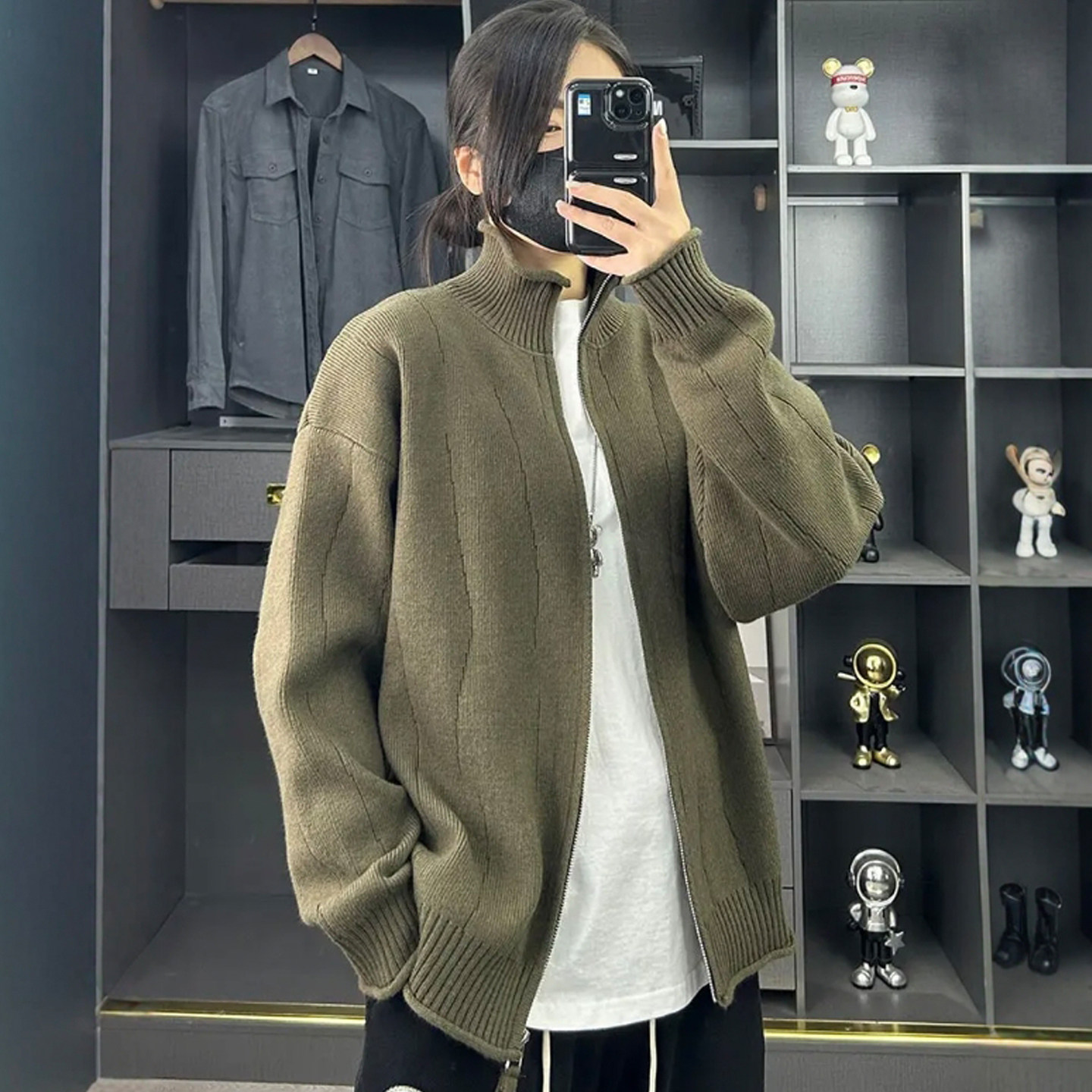 双拉链高端针织开衫外套男士毛衣春秋季线衣潮牌夹克宽松休闲上衣