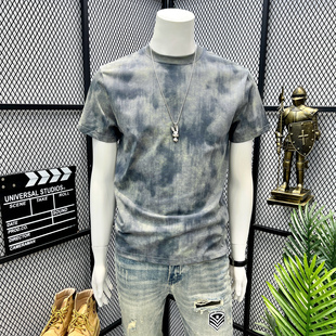 【灰蓝扎染】高奢棉感圆领短袖T恤春夏男士设计师款透气简约上衣