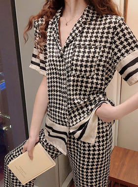 桑蚕丝真丝睡衣女短袖长裤春夏丝绸千鸟格条纹真丝两件套装家居服