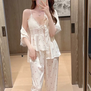 真丝睡衣女2026年新款夏天高级感吊带短袖短裤长裤四件套装家居服