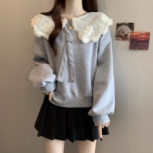 法式娃娃领短款卫衣女款秋冬2026大码胖mm独特漂亮无帽上衣外穿