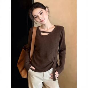 设计感正肩长袖T恤女2026春季新款大码胖mm不规则遮肚子独特上衣