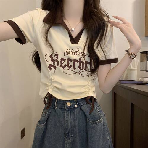美式抽绳polo领短袖T恤女夏季2025新款洋气辣妹独特别致上衣体恤