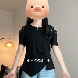 胖mm遮肚显瘦体恤不规则上衣 大码 微胖设计感镂空短袖 t恤女装 夏季