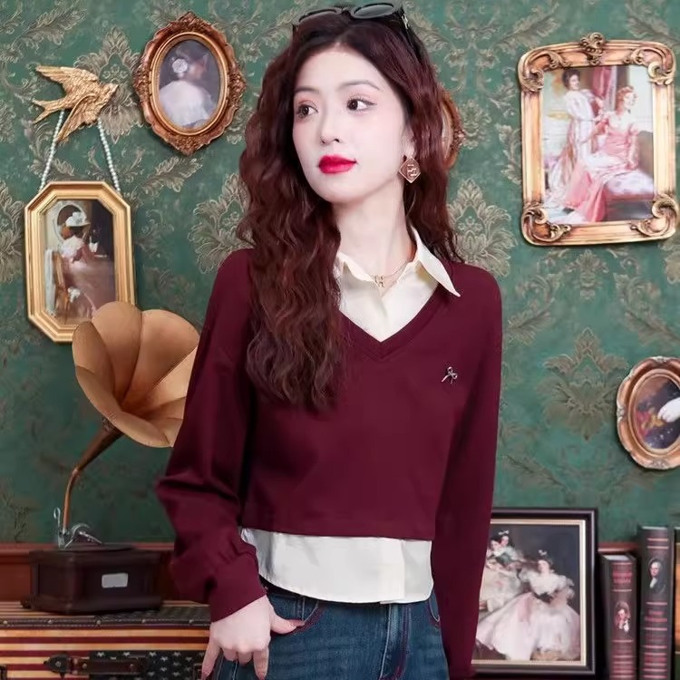 学院风假两件polo领卫衣女款2025新款秋冬季时尚洋气撞色长袖上衣