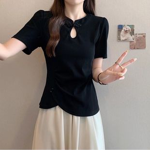 新中式 胖mm显瘦遮肉不规则棉质上衣 国风盘扣正肩短袖 t恤女夏大码