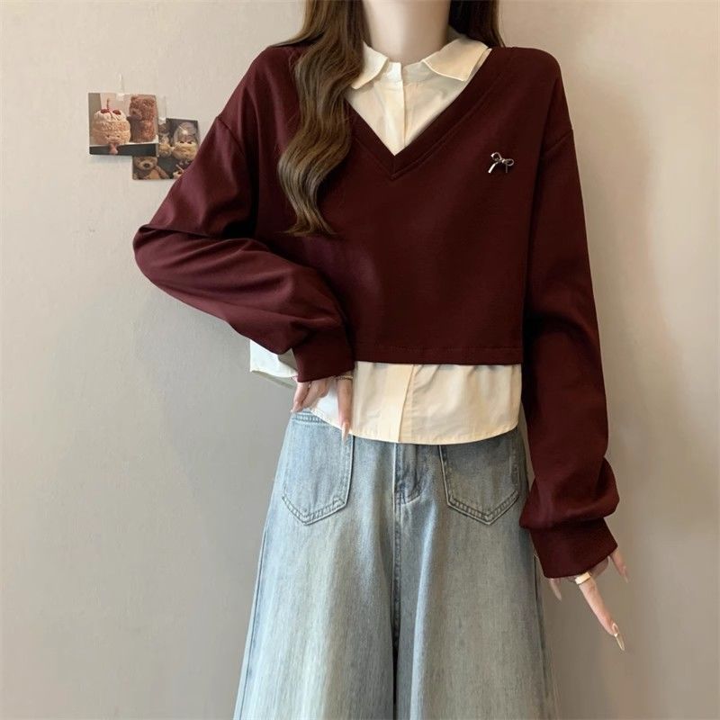 大码女装复古撞色假两件长袖设计感秋季胖MM遮肉显瘦Polo领上衣