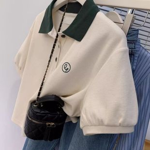 上衣夏 复古polo领泡泡袖 正肩t恤女夏季 设计感小众小个子短袖 短款
