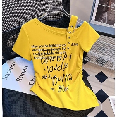 美式辣妹斜肩短袖t恤女夏季不规则字母印花独特别致修身露肩上衣