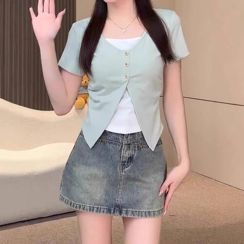 韩系chic港味假两件短袖T恤女夏季韩版修身显瘦小个子短款上衣潮
