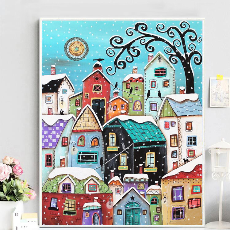 钻石画满钻卡通可爱儿童下雪小屋卧室客厅书房手工贴钻粘贴画小幅
