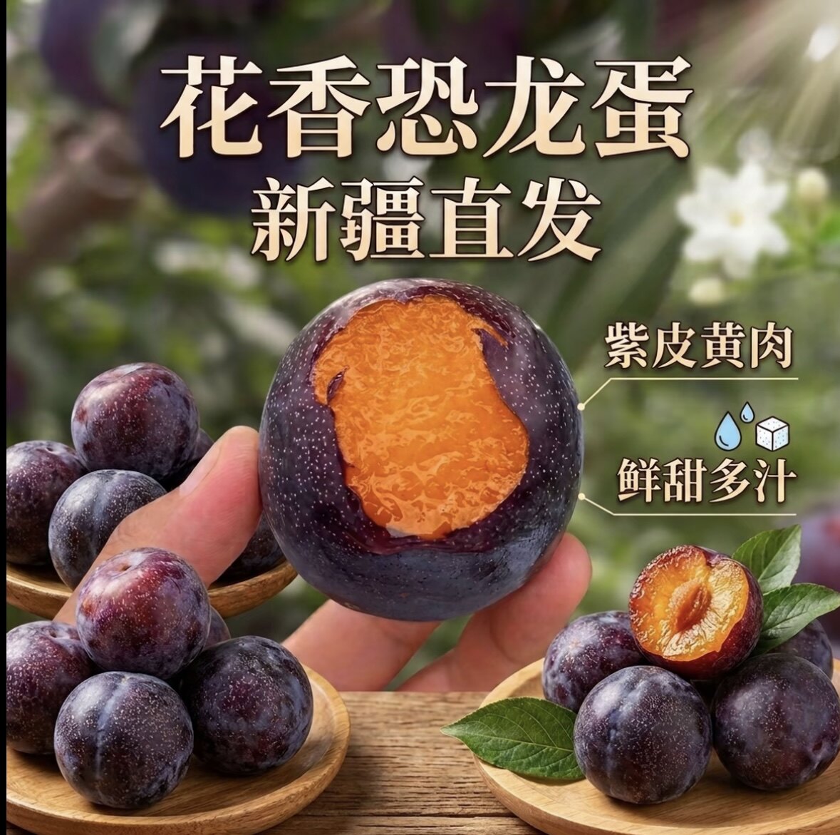 新疆喀什花香恐龙蛋李子紫皮黄肉鲜甜多汁新鲜水果直发