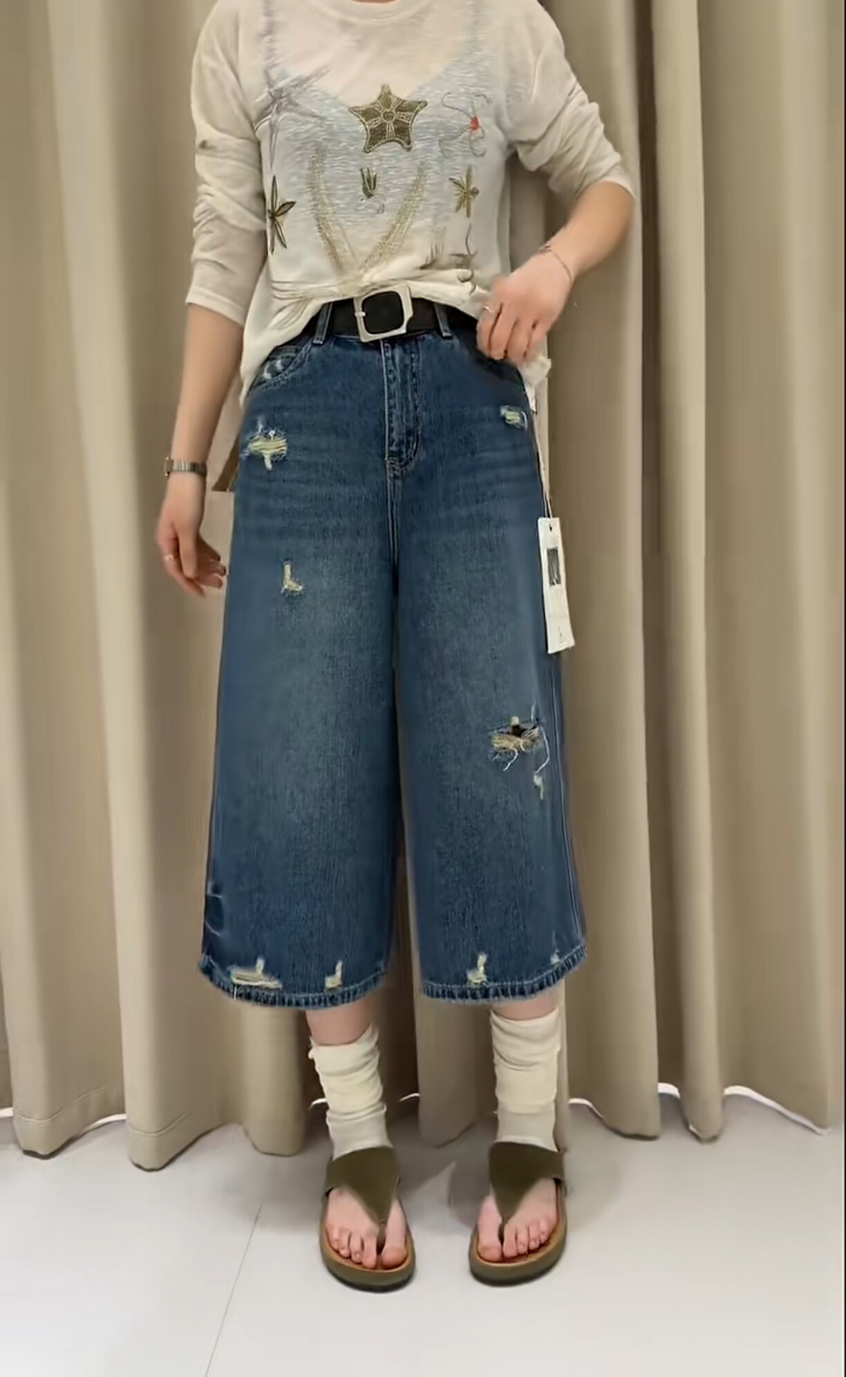 般田775530夏季新款高腰破洞牛奶裤女中裤宽松显瘦直筒裤马裤