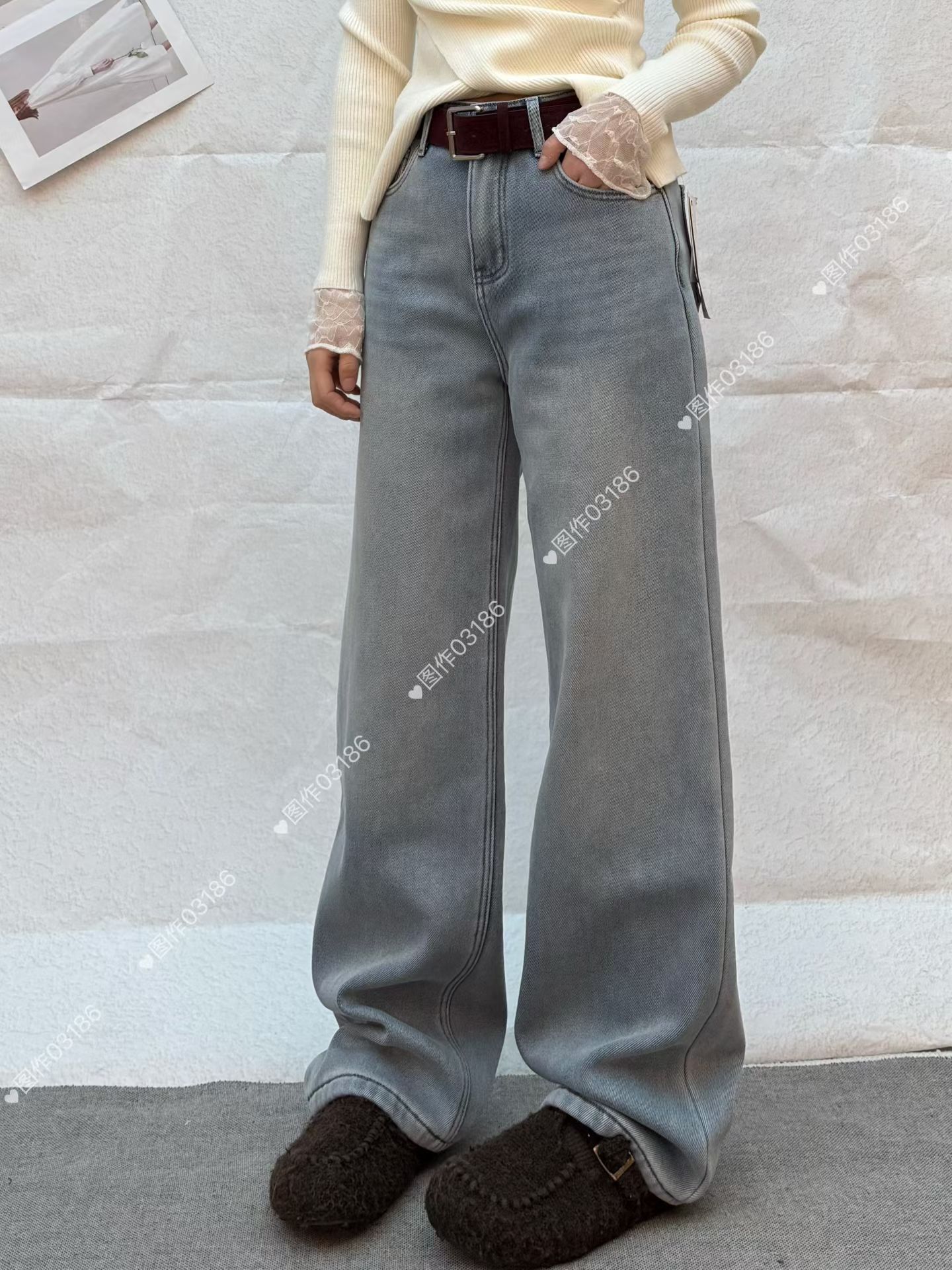 般田03186冬季新款浅蓝色加绒牛仔裤女窄版阔腿裤高腰显瘦直筒裤