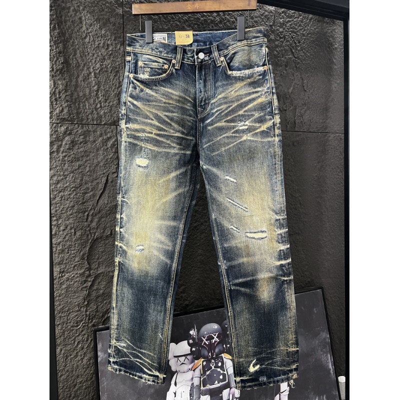 thumbnail for Heavy washed dark blue denim jacket trendy straight ripped and worn high quality men's jeans men