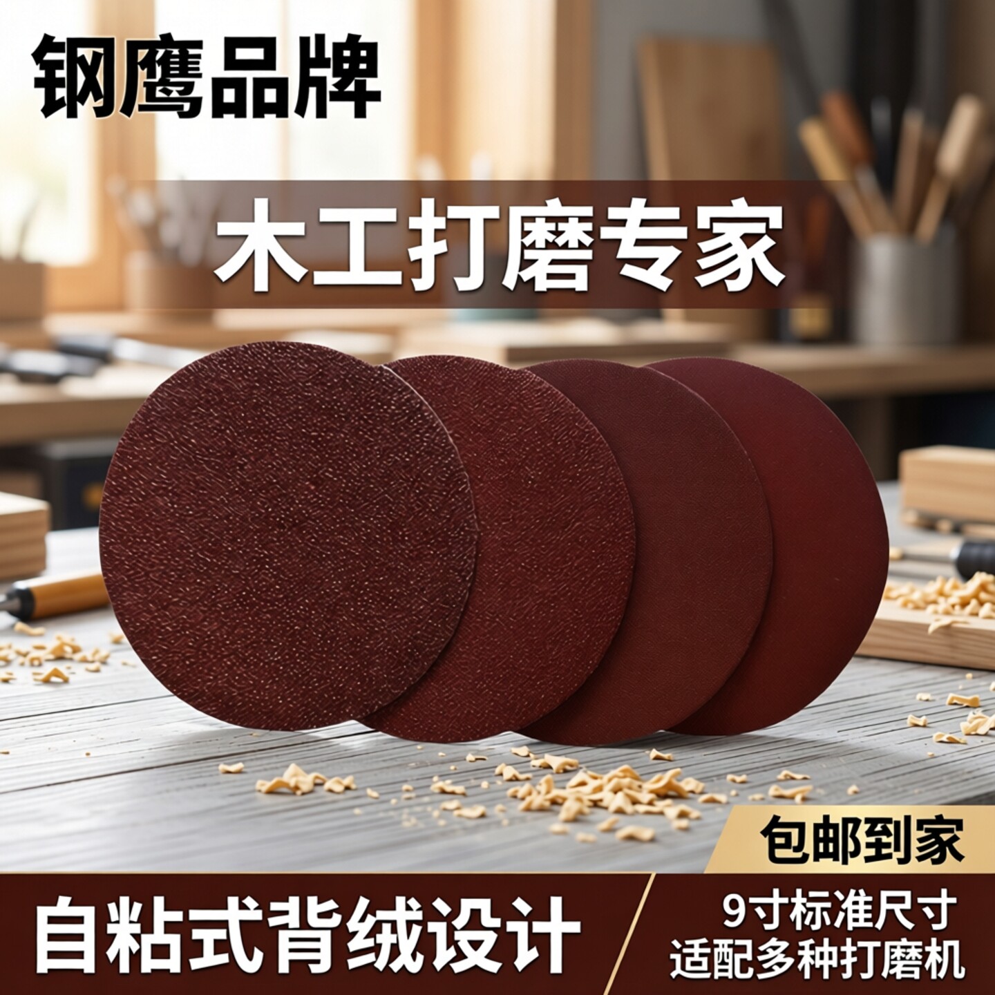 9寸钢鹰圆盘砂植绒砂纸磨片 木工打磨抛光自粘式砂盘背绒砂片包邮