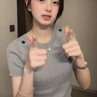 美式复古灰色正肩针织短袖t恤女