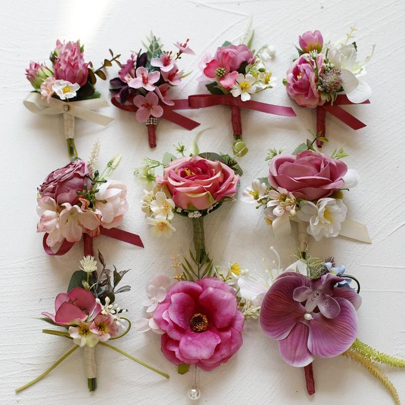 玫红色仿真玫瑰蝴蝶兰新娘伴娘婚礼手腕花新郎伴郎商务会议胸花