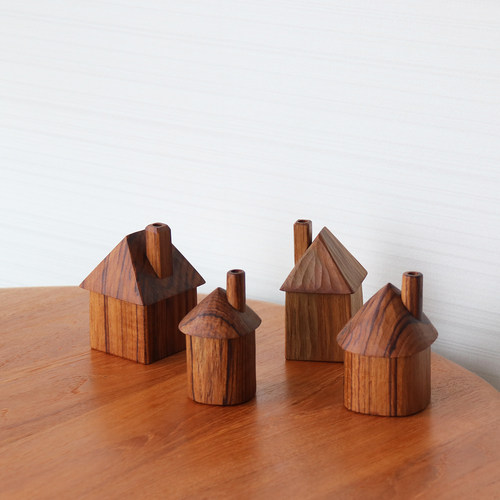 明院柚木插花摆件原创柚木小房子 桌面北欧装饰摆件简约客厅艺术