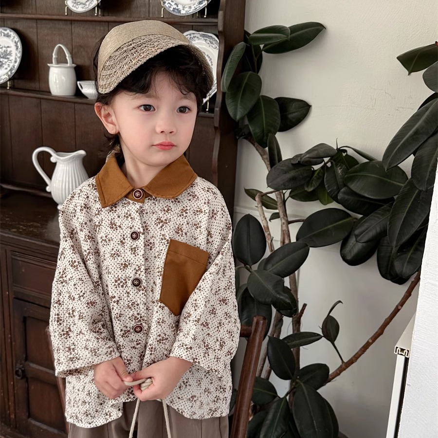 暮晨家新款春装2025男童碎花九分袖衬衫中小童森系复古风衬衣外套
