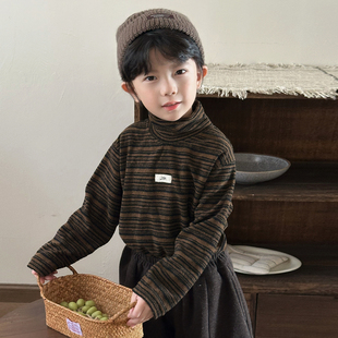 暮晨家新款冬装2025男童半高领羊毛条纹打底衫中小童加厚保暖内搭