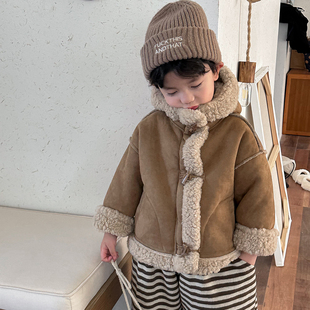 暮晨家新款冬装2025男童皮毛一体连帽外套中小童加厚洋气夹克大衣