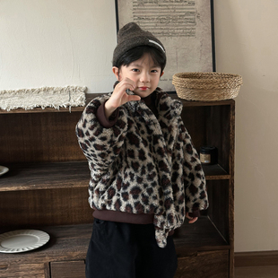 暮晨家新款 2025男童豹纹毛毛衣外套中小童加厚毛绒短夹克大衣 冬装
