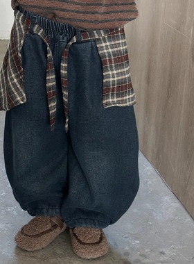 暮晨家新款冬装2025男童一体绒牛仔裤中小童加厚保暖束脚裤裙裤