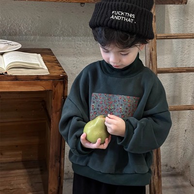 童卫衣森系男女童秋冬季印花高领