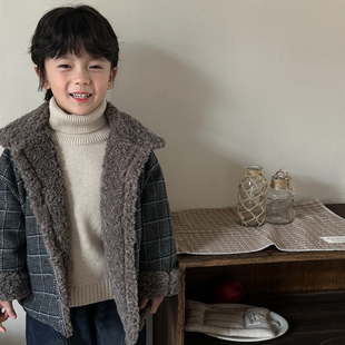 暮晨家新款冬装2025男童加厚格子外套中小童森系羊羔毛夹克开衫