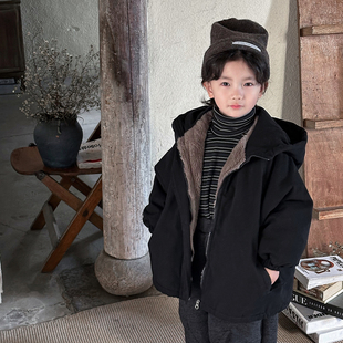 暮晨家新款冬装2025男童兔毛绒夹棉大衣外套儿童加厚保暖连帽棉袄