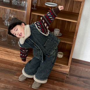 暮晨家新款冬装2025男童羊羔毛牛仔马甲儿童加绒加厚直筒裤两件套