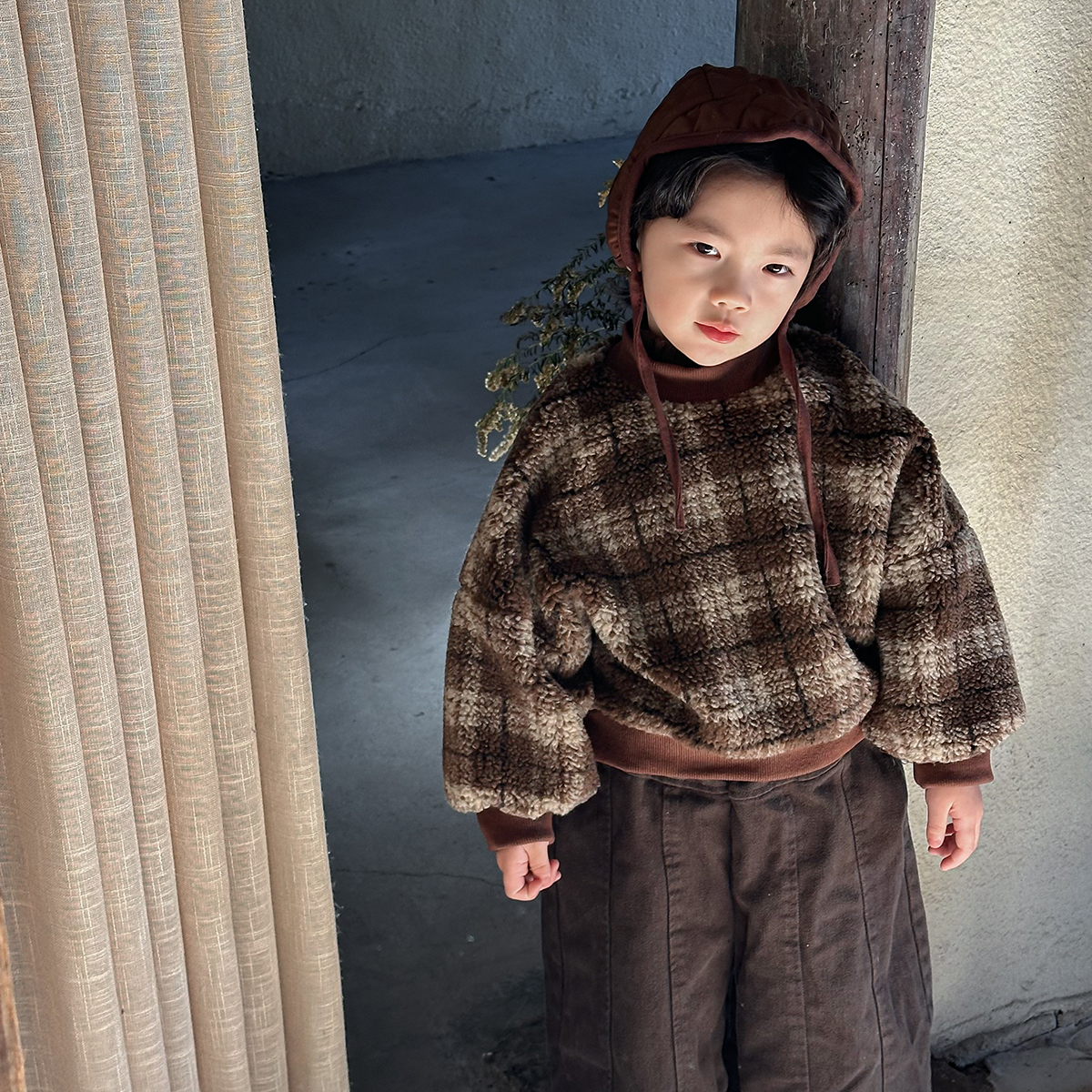 冬季男女童羊羔毛韩系格纹童卫衣