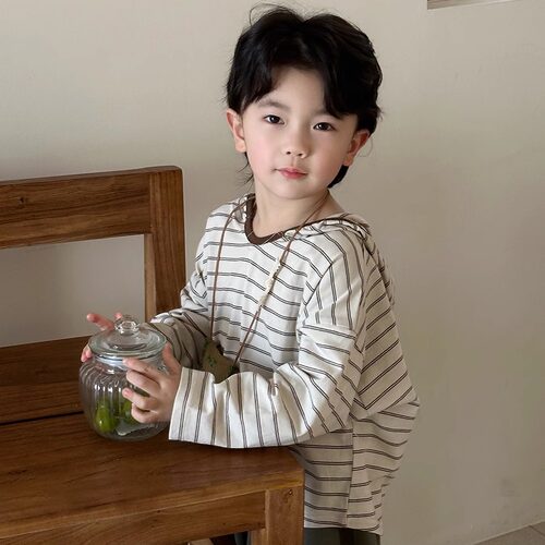 暮晨家新款春装26男童条纹连帽长袖T恤中小童简约洋气打底衫上衣