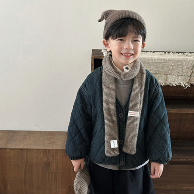 暮晨家新款冬装2025男童菱形格绗棉牛仔外套儿童加绒加厚棉袄夹克