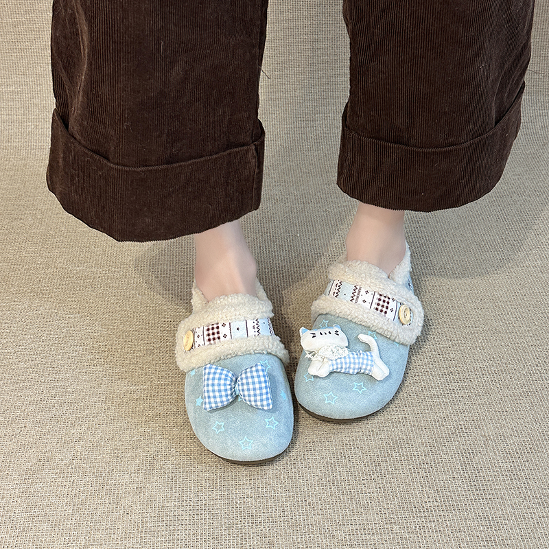 日本OFFCAT毛毛少女心卡通魔术贴勃肯鞋女2025冬季厚底内增高系带